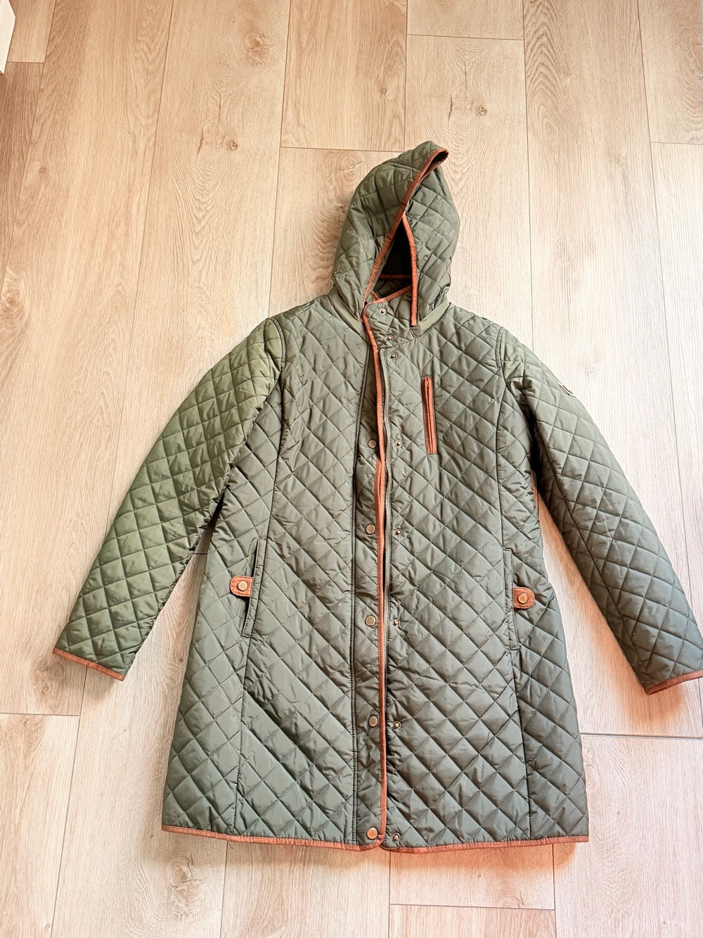 Ralph Lauren Olive Quilted Hooded Puffer with Brown Trim